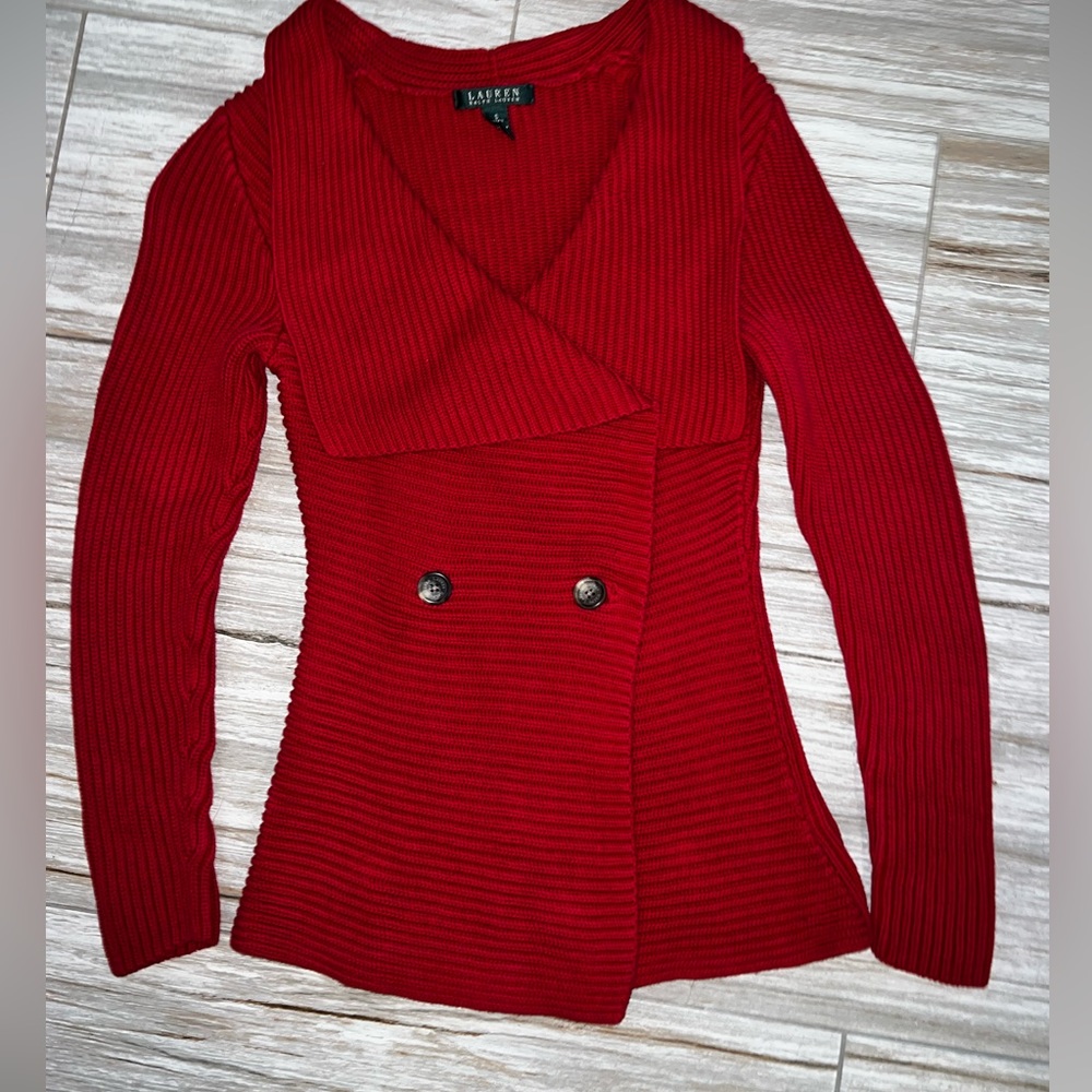 Ralph Lauren Red Ribbed Cardigan Small - Picture 2 of 4